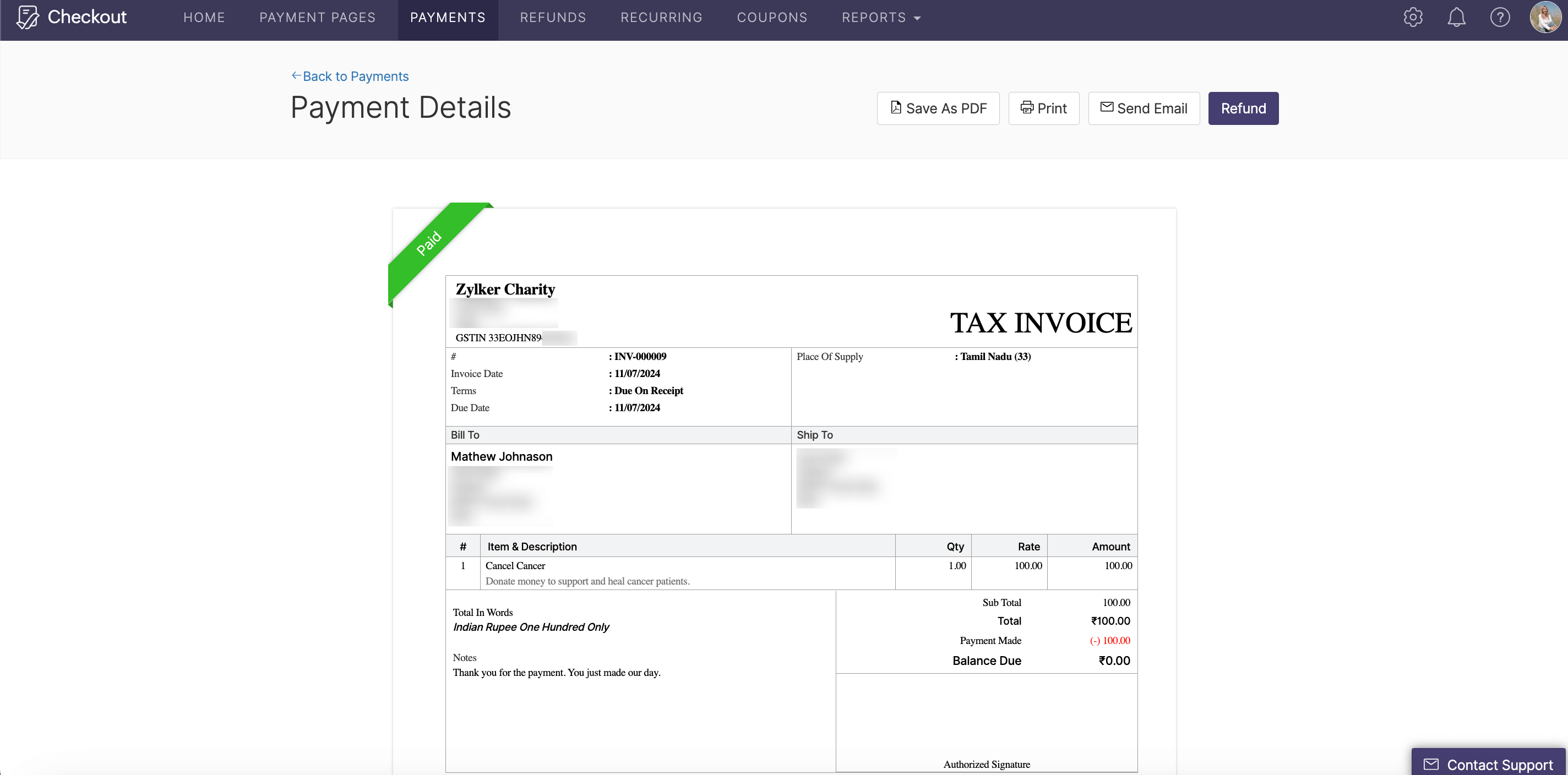 Zoho Checkout invoice information