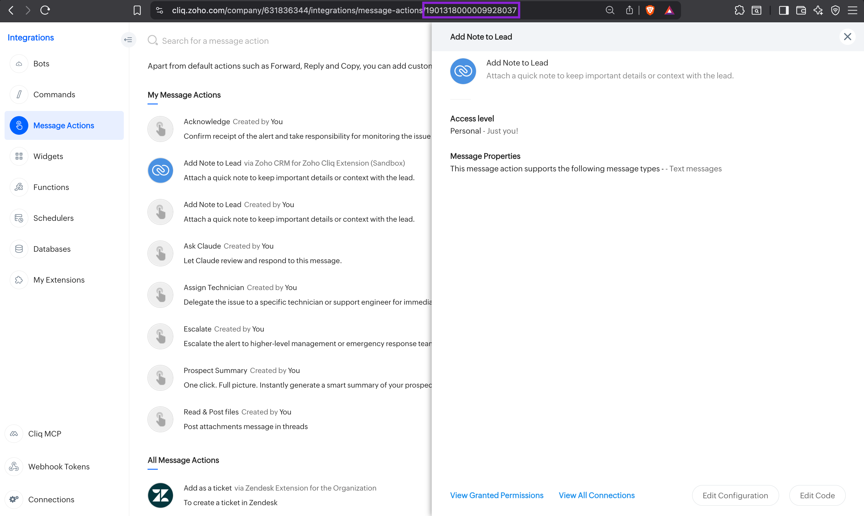 MESSAGE_ACTION_ID in Cliq UI