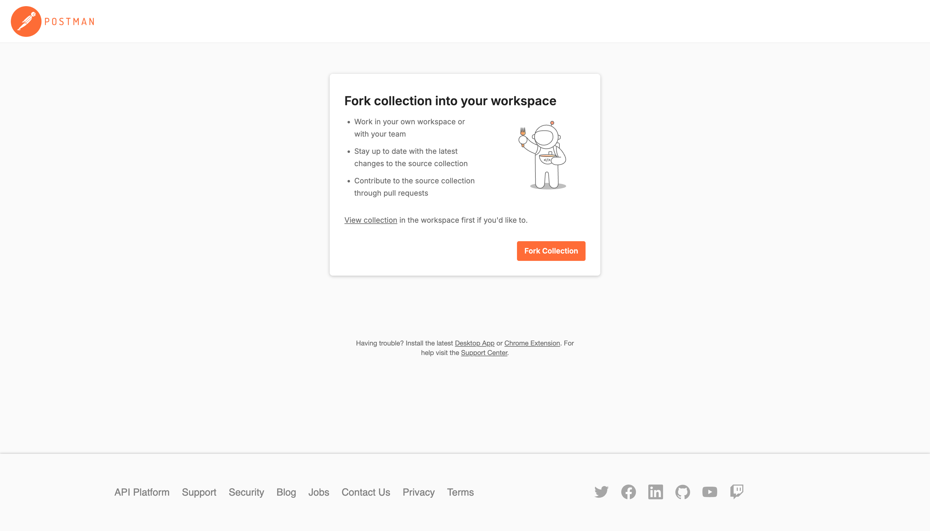 Fork collection into your workspace – Postman web page