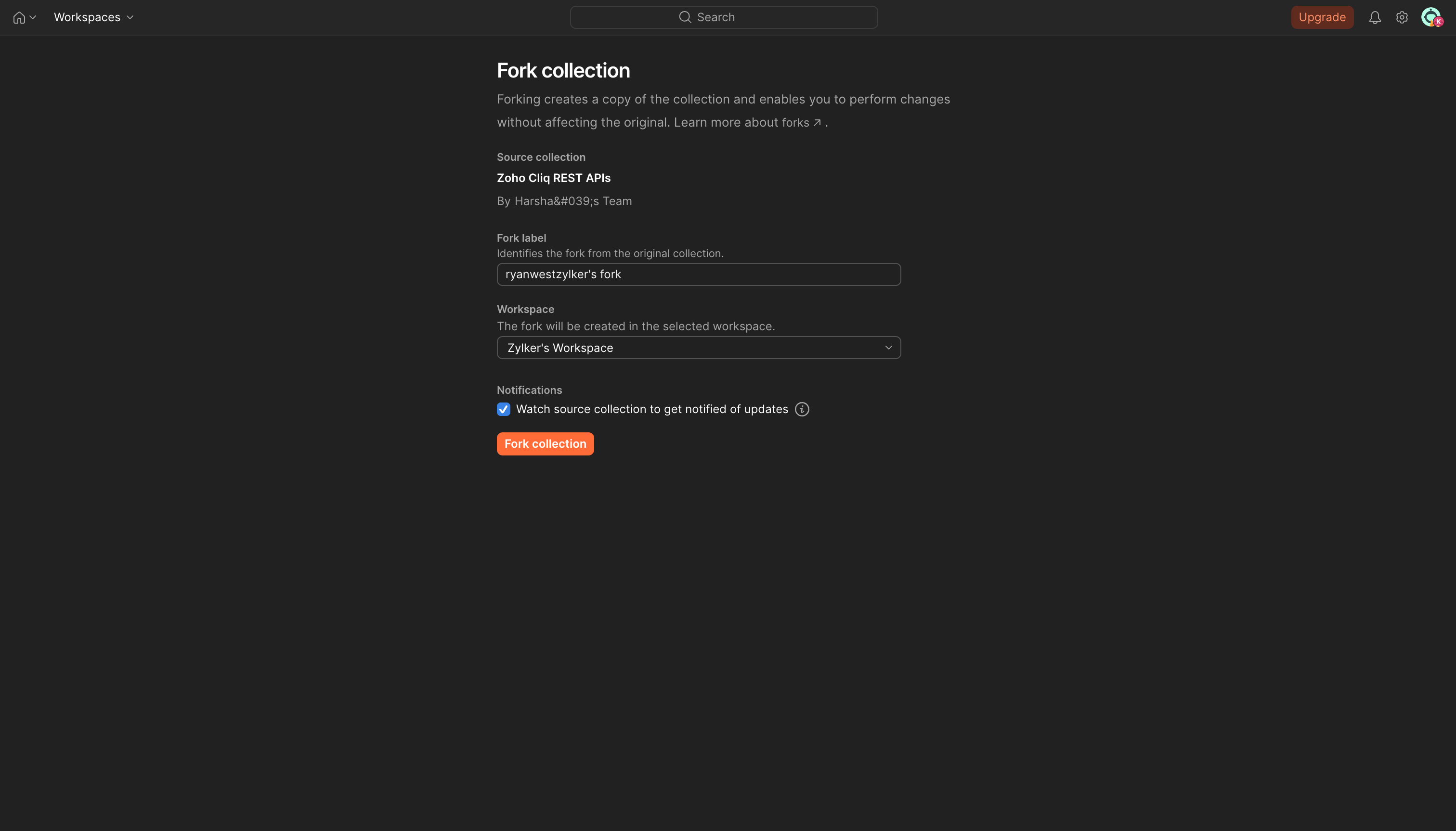 Fork collection dialog showing fork label, workspace, and notifications options