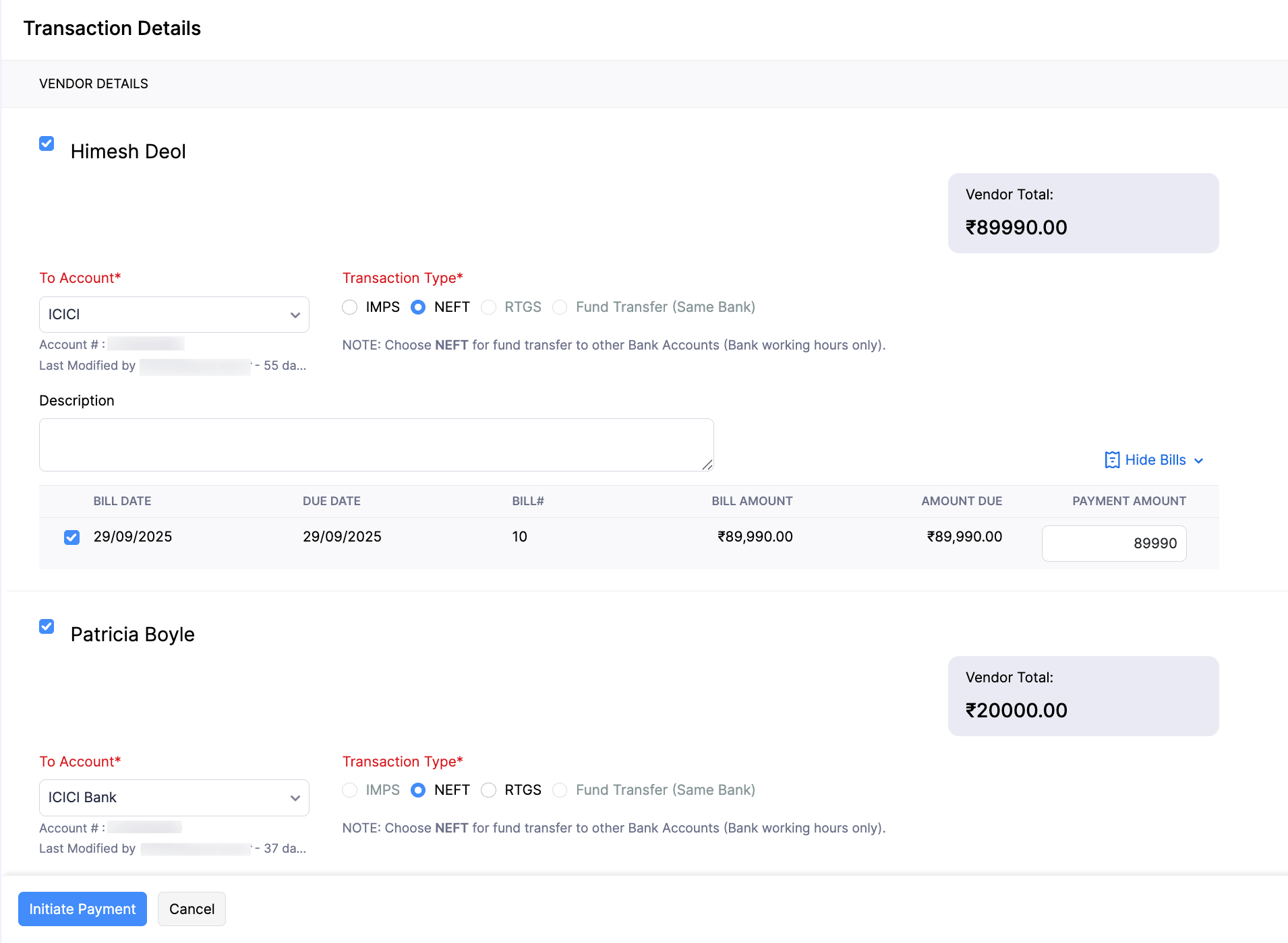 Pay Multiple Bills of Different Vendors