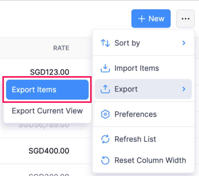 Export Items Dropdown