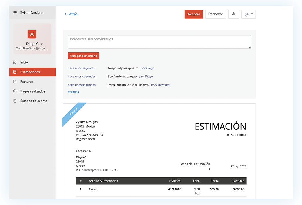 Aprobación de cotización - Portal del cliente para contabilidad | Zoho Books