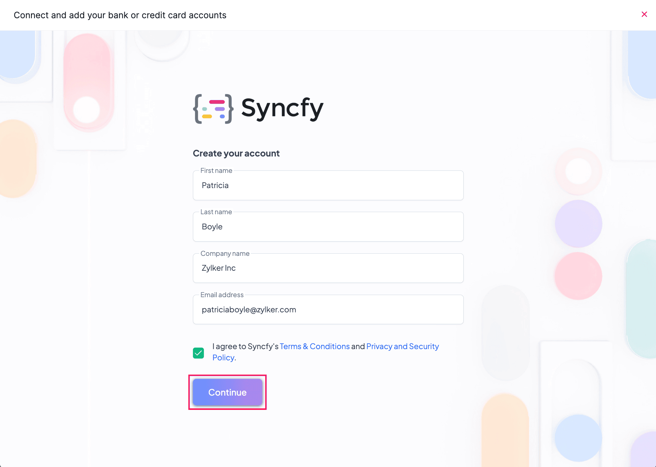 Syncfy Sign Up Information