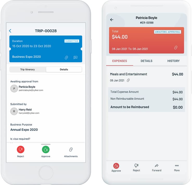 Mobile screens showing the approvals on the iOS and Android apps of Zoho Expense