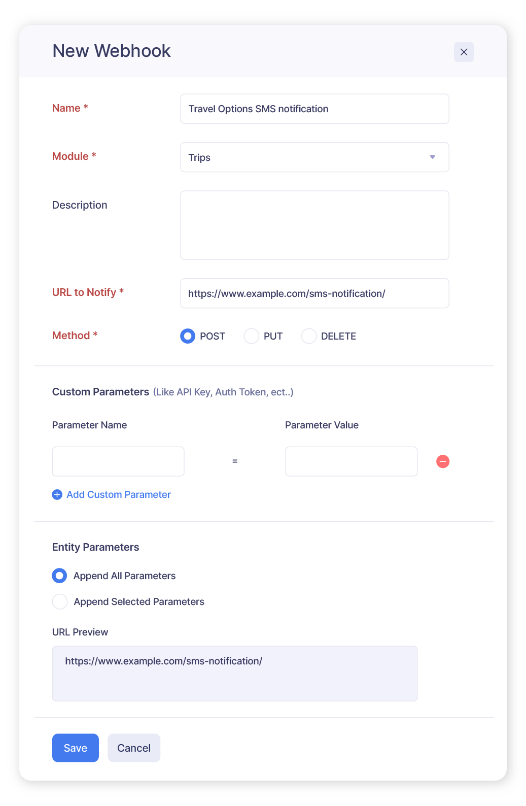 Zoho Expense screen for webhook creation