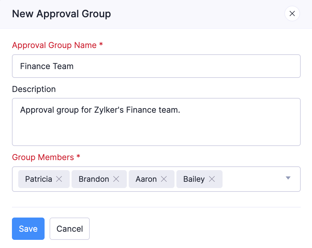 New Approval Group. Enter the group details and the group members.