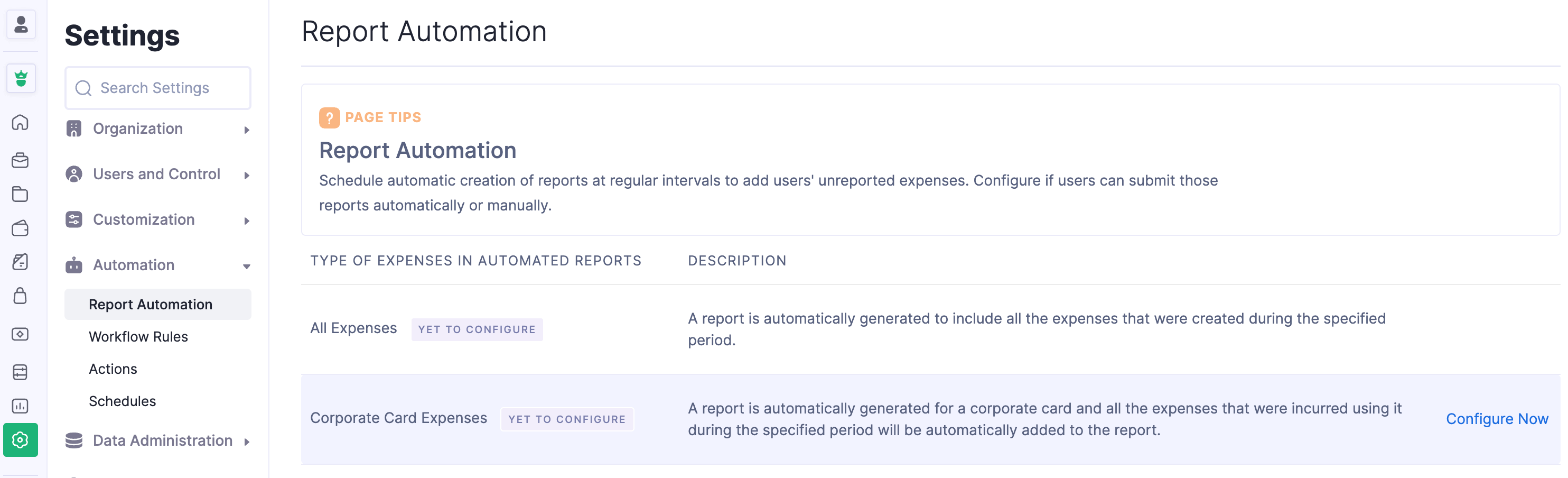 Configure Report Automation for Corportae Card Expenses