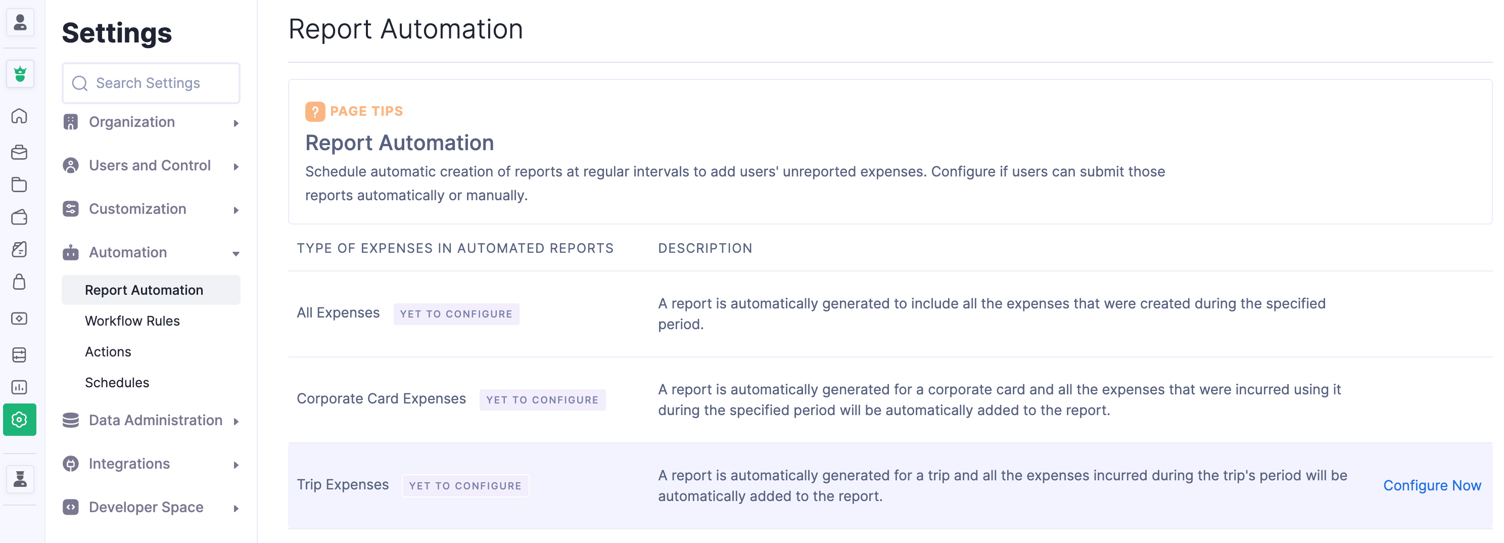 Configure Report Automation for Trip Expenses