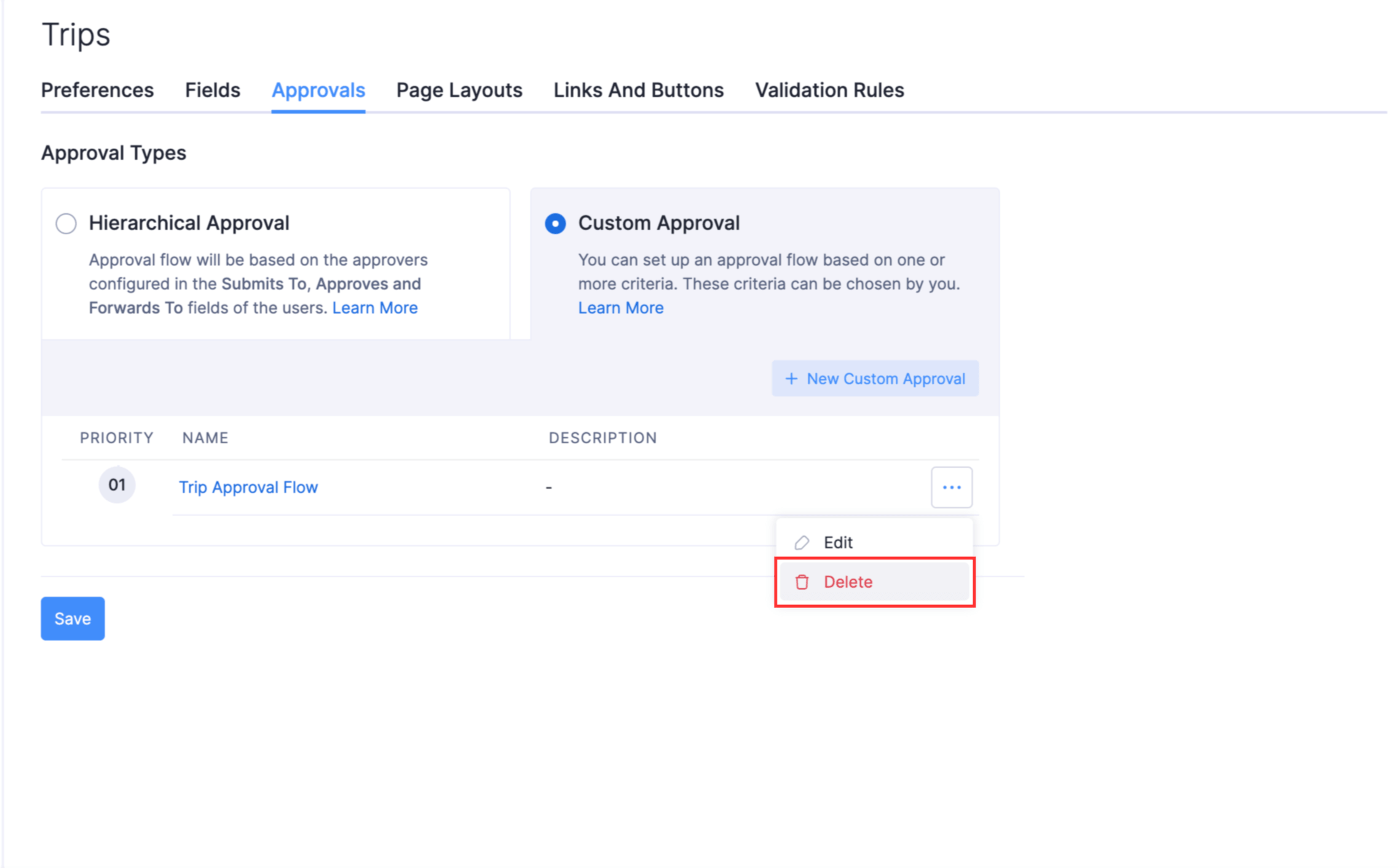 Delete a custom approval