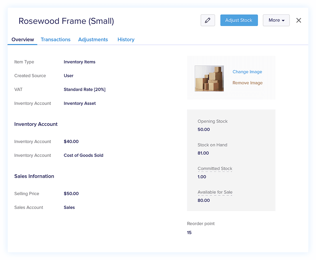 Détails des UGS de l’inventaire – Logiciel comptable avec suivi de l’inventaire | Zoho Books