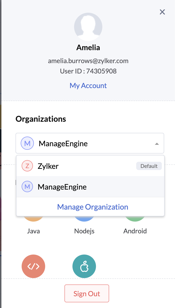 Organization Account Menu