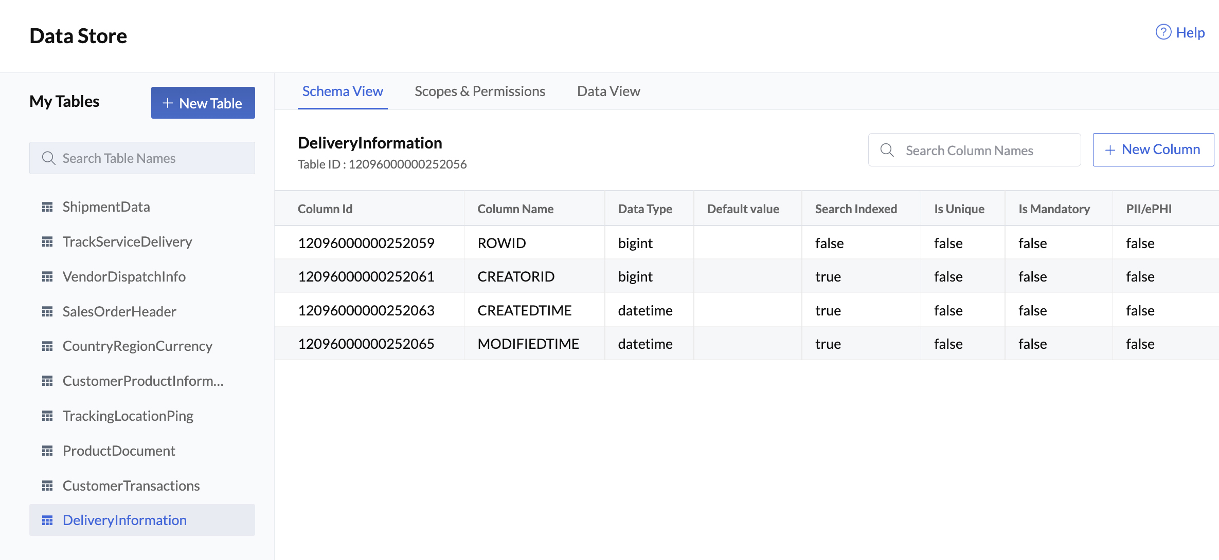 Data Store- Table Created