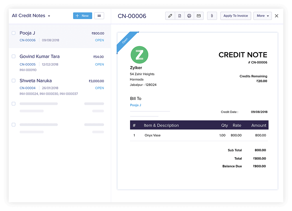 Credit Notes & Invoice Refunds - Invoicing and Bookkeeping Software | Zoho Books
