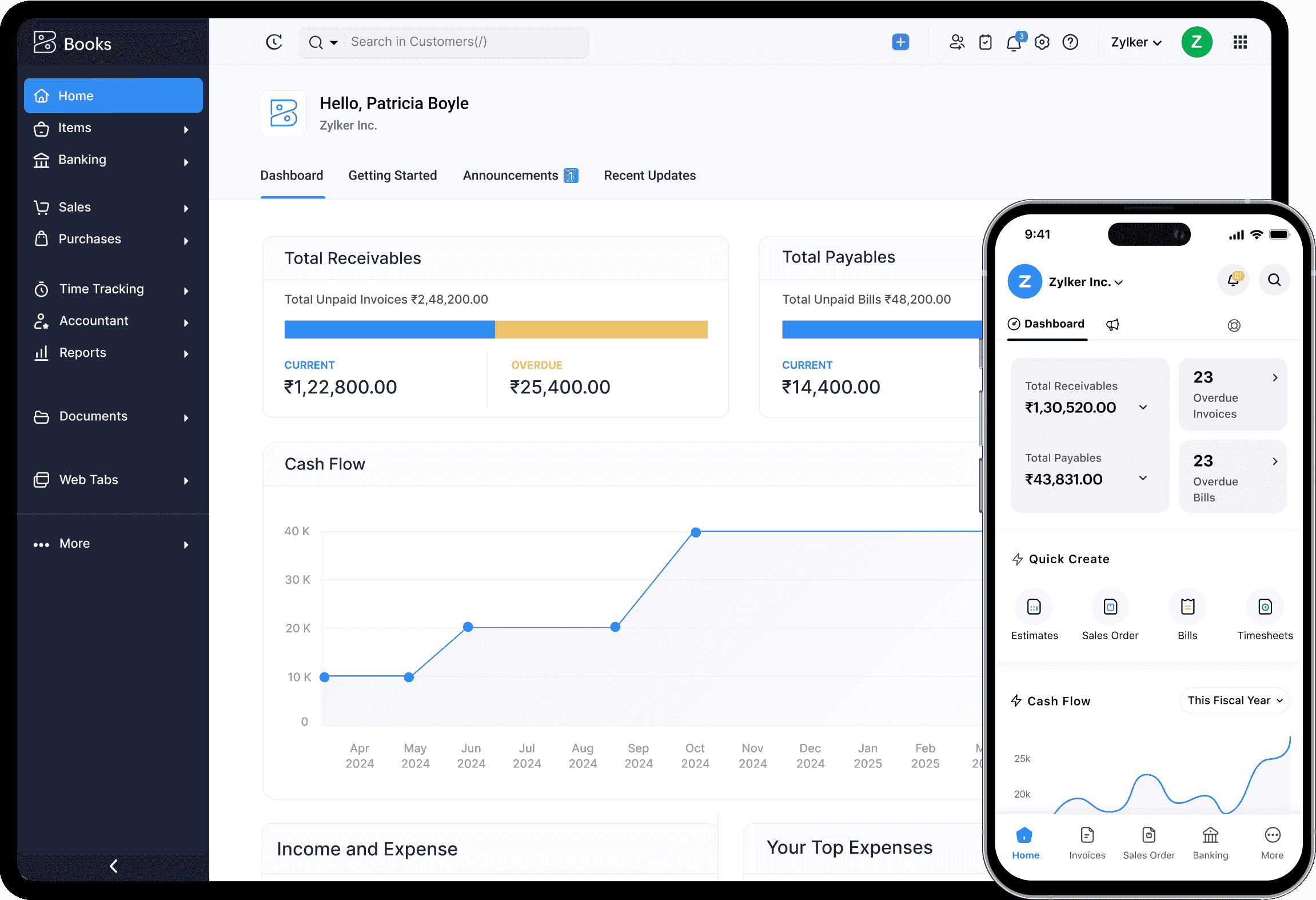 Zoho books dashboard