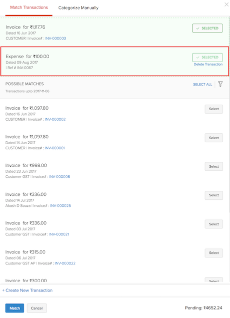 Adjustment in transaction list