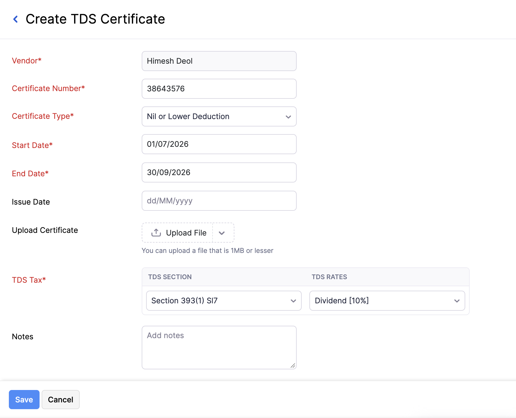 Fields for recording a vendor’s TDS certificate