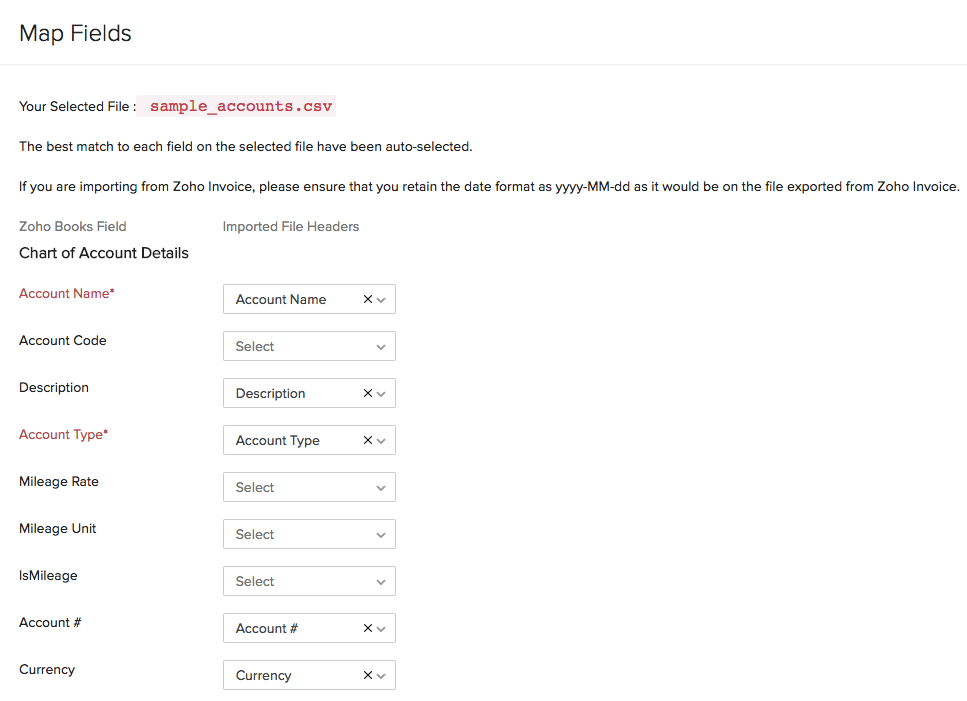 Map Fields - Chart of Accounts