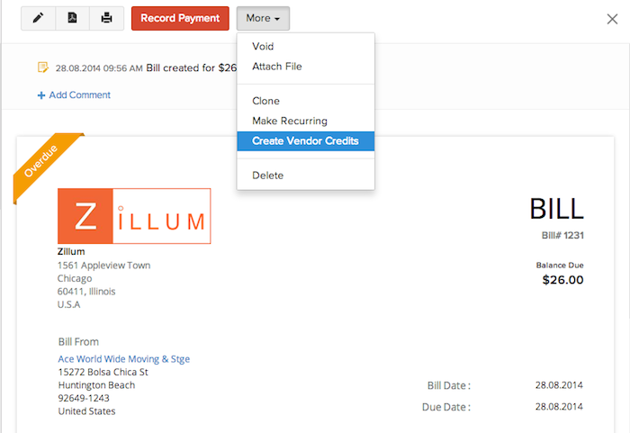 Creating a vendor credit