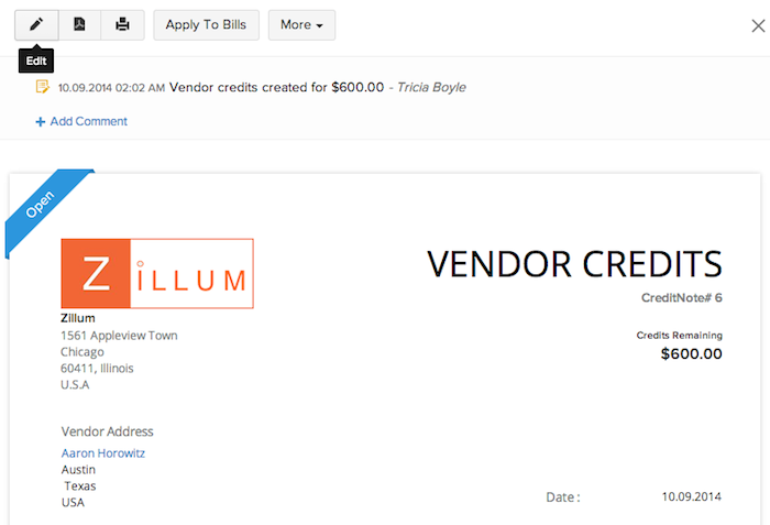 Editing a vendor credit