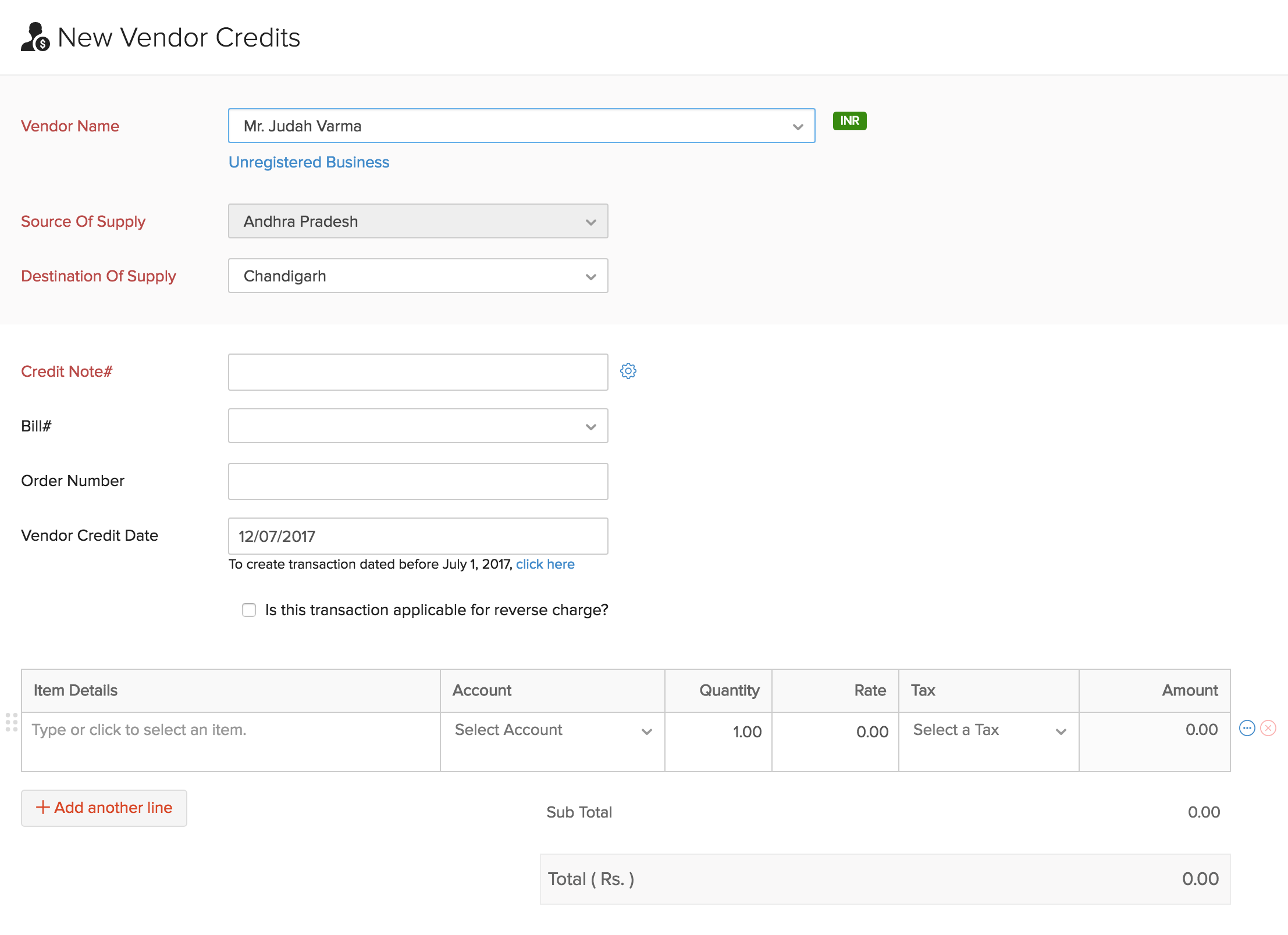 Credit note creation page