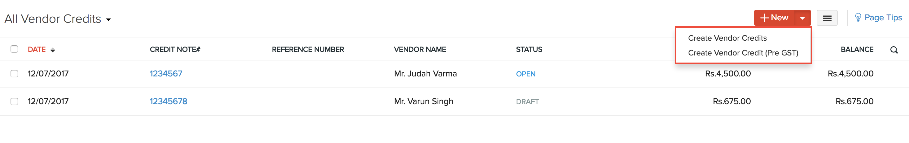 Credit note creation page