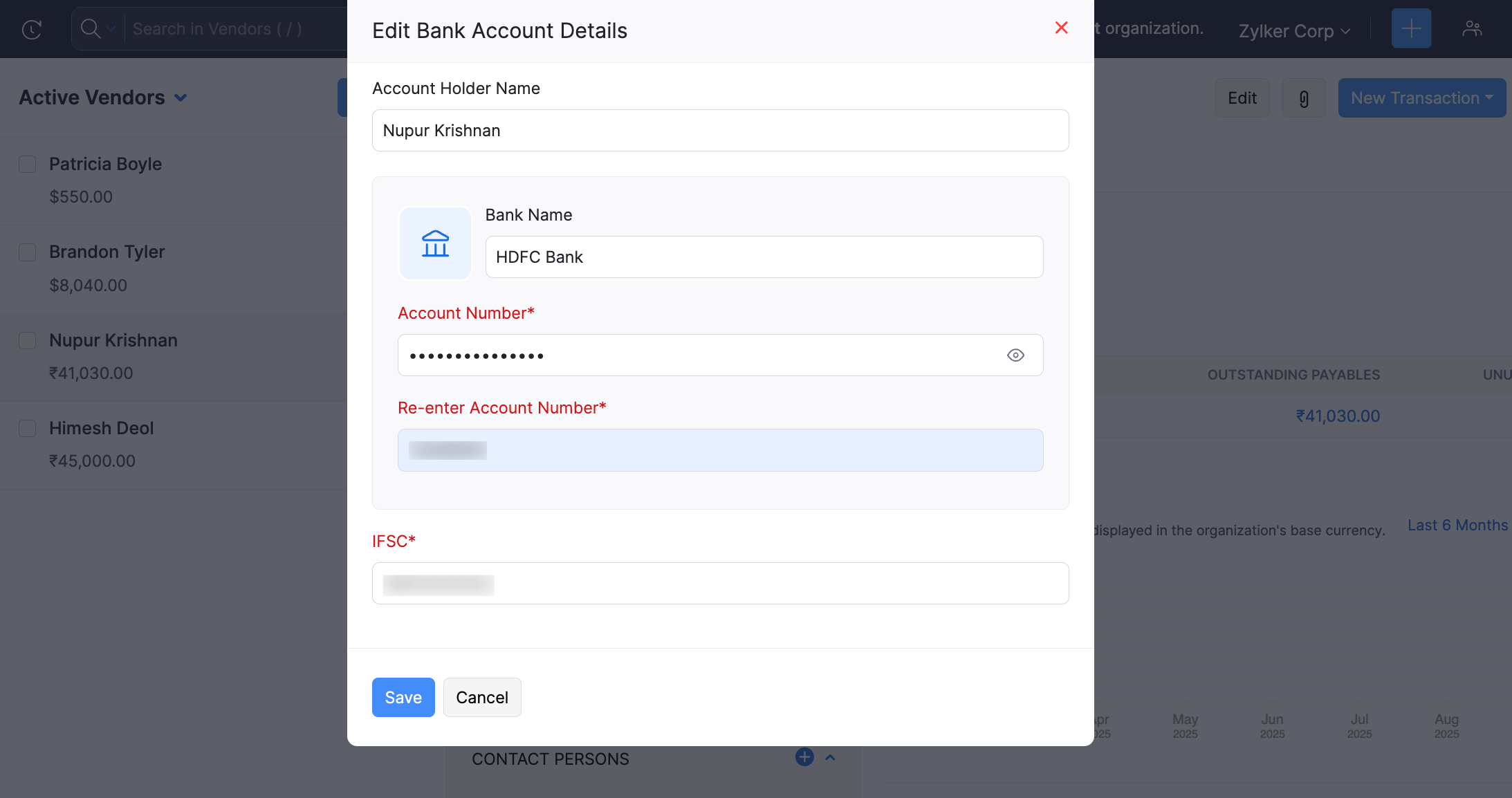 Adding Vendor's bank account