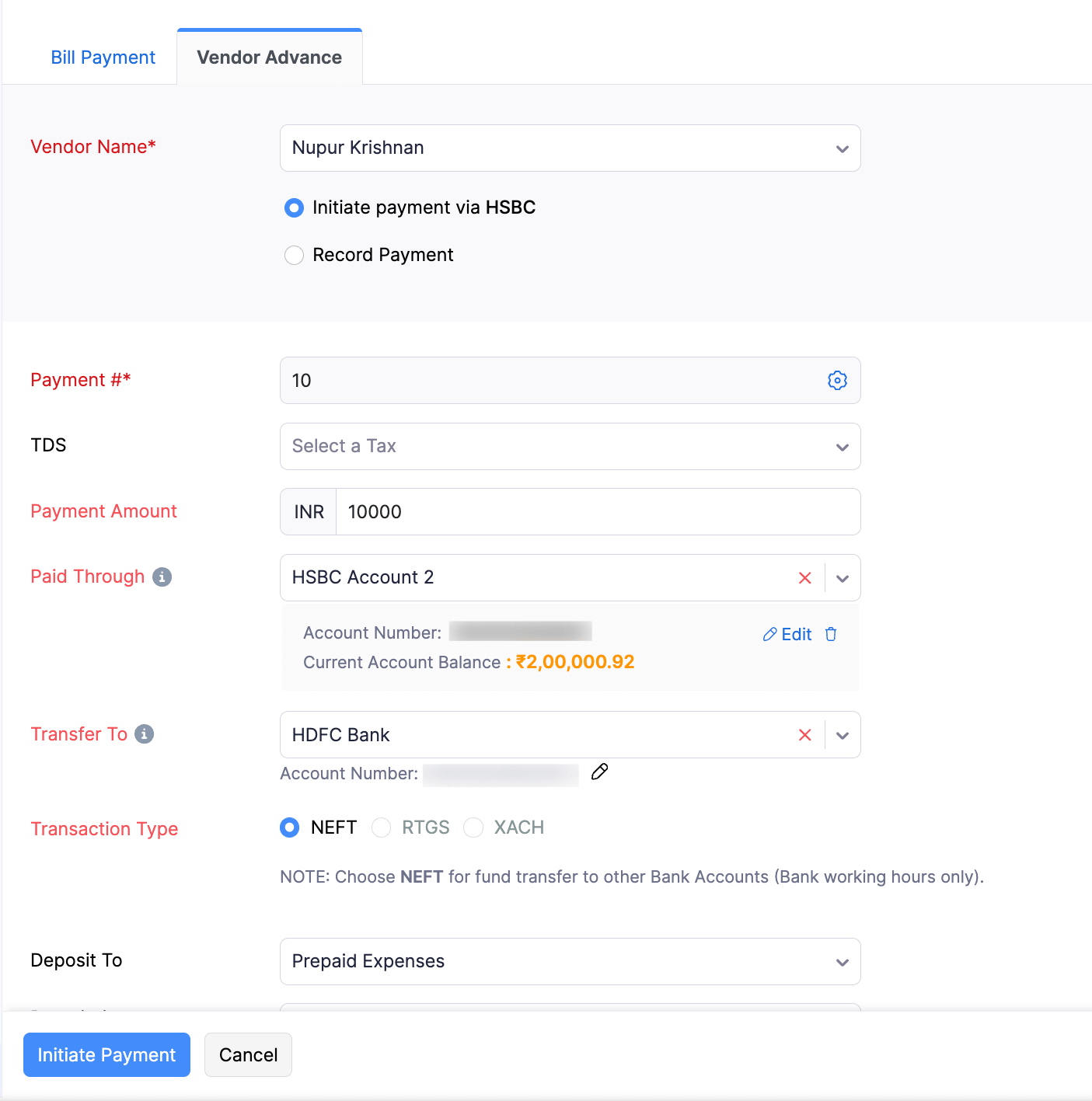 Initiating Vendor Advance Payment via HSBC