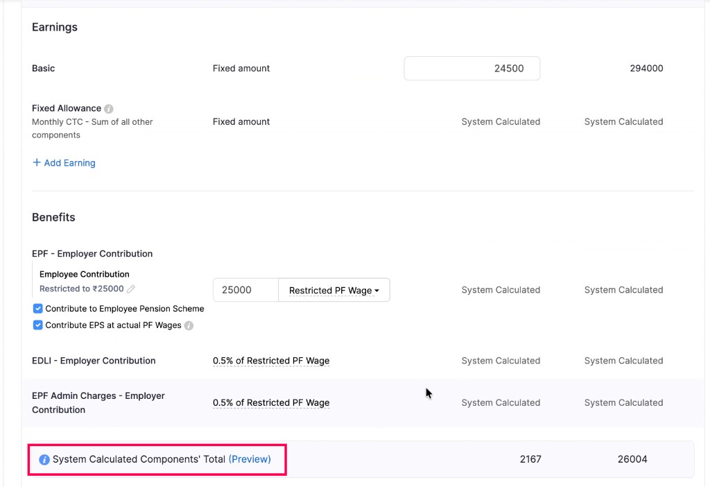 Employee salary structure with Basic, Fixed Allowance, EPF, and Preview