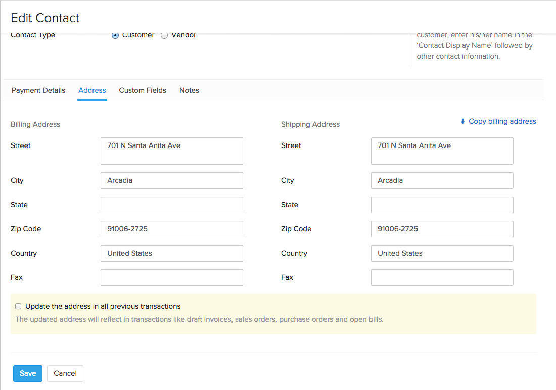 Updating address of a contact across transactions