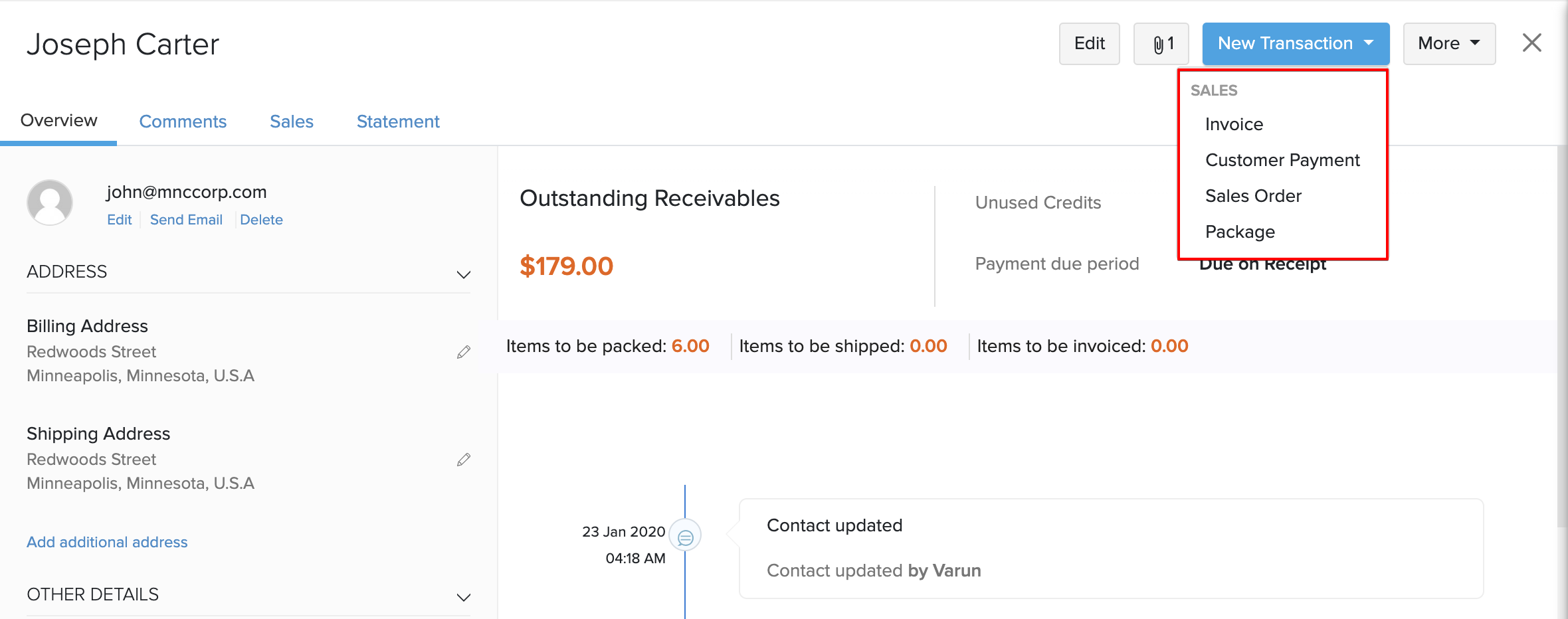 Contacts - Create Transaction