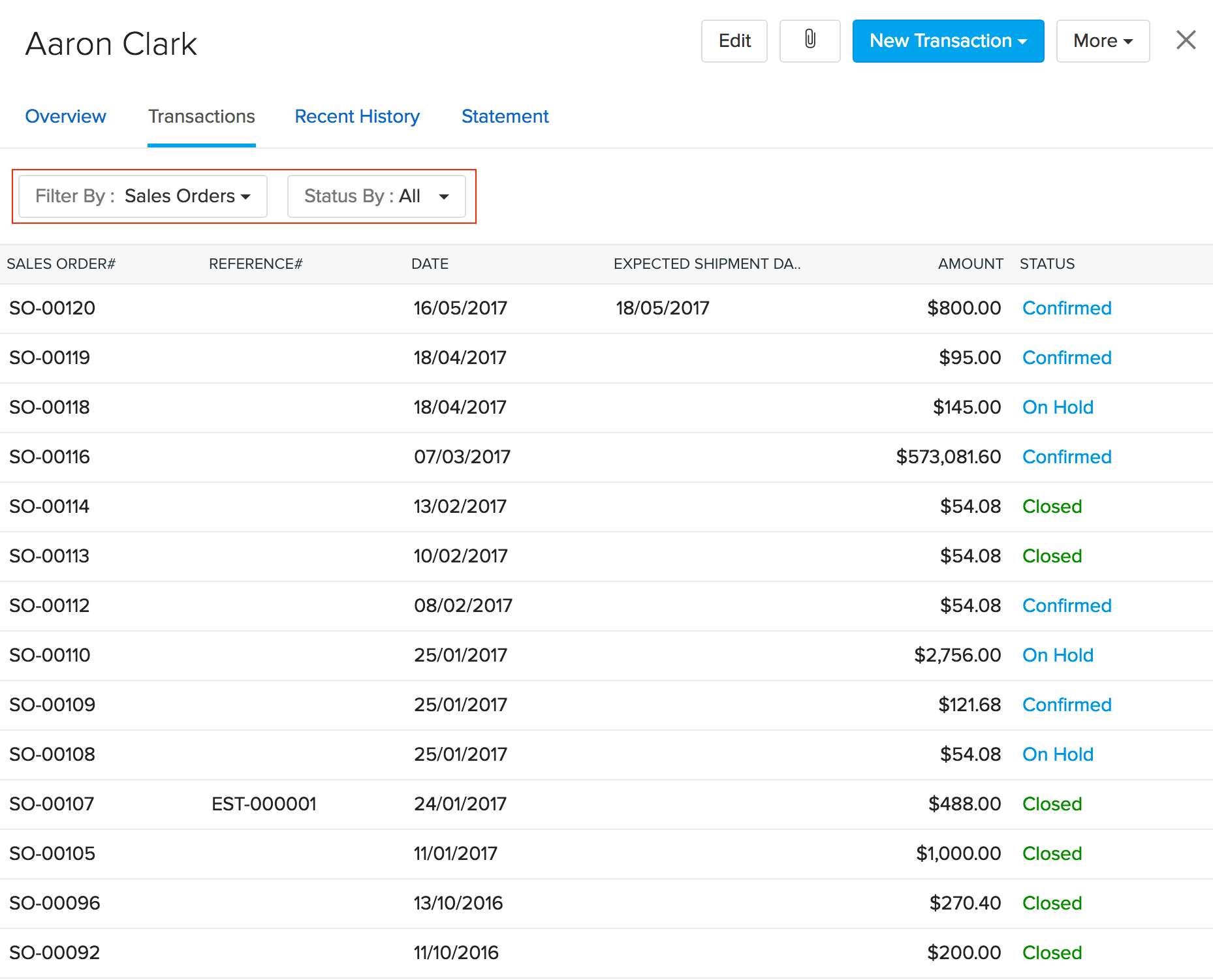 Transactions log section