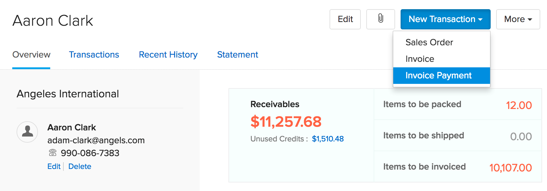 Choosing invoice payment option from transaction dropdown