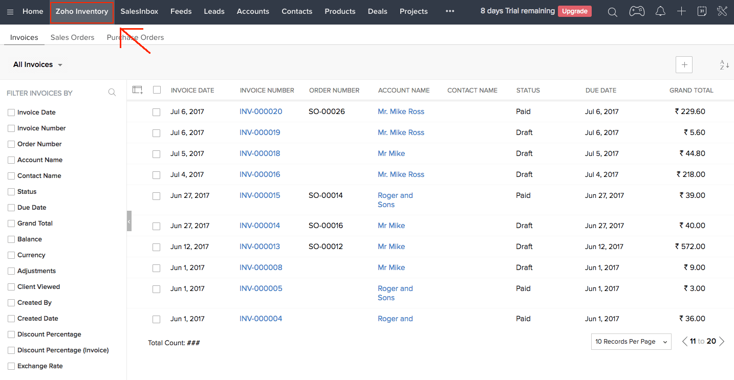 Zoho Inventory tab in CRM