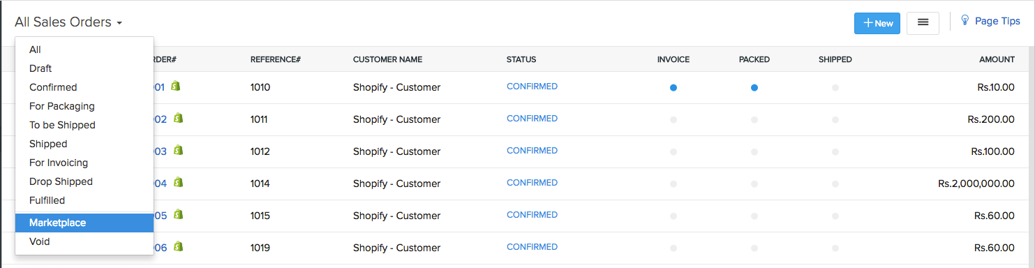 Sales order module with marketplace filter