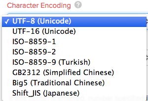 Character encoding drop down