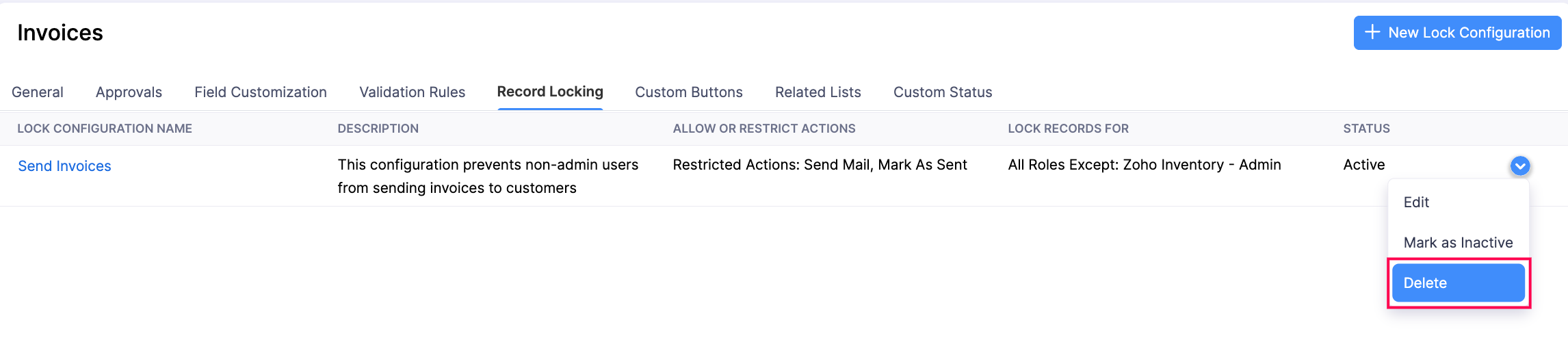 The Record Locking tab of a module's Preferences page. Hover a lock configuration, click the dropdown, and select Delete to delete a lock configuration.
