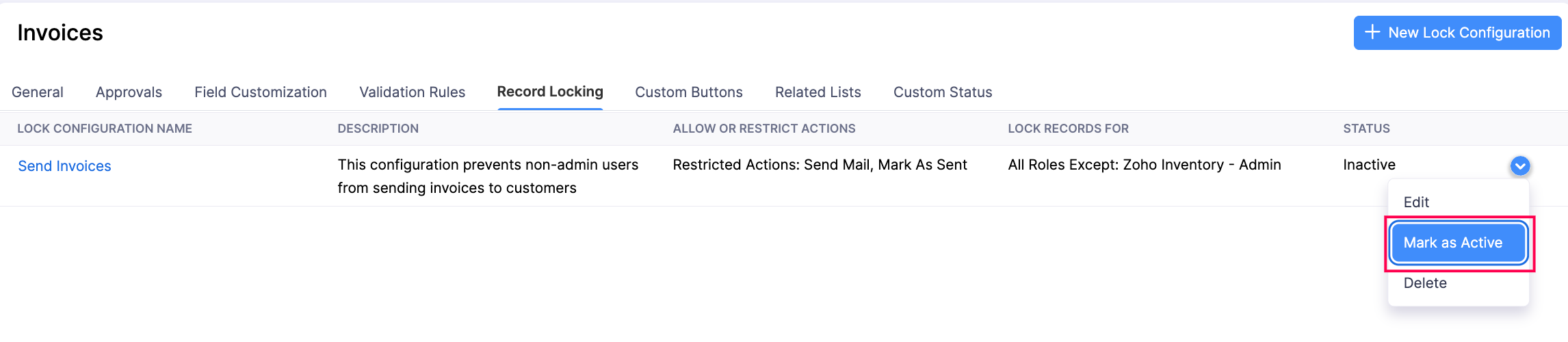 The Record Locking tab of a module's Preferences page. Hover a lock configuration, click the dropdown, and select Mark as Active to re-enable a disabled lock configuration.