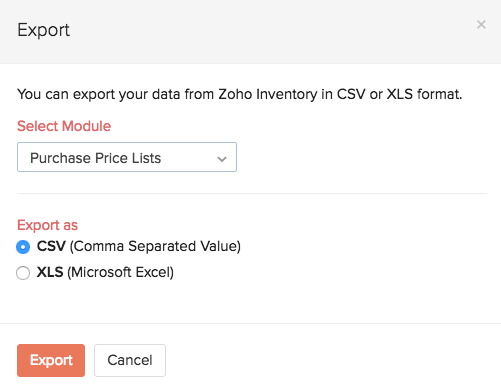 image of the price lists export page