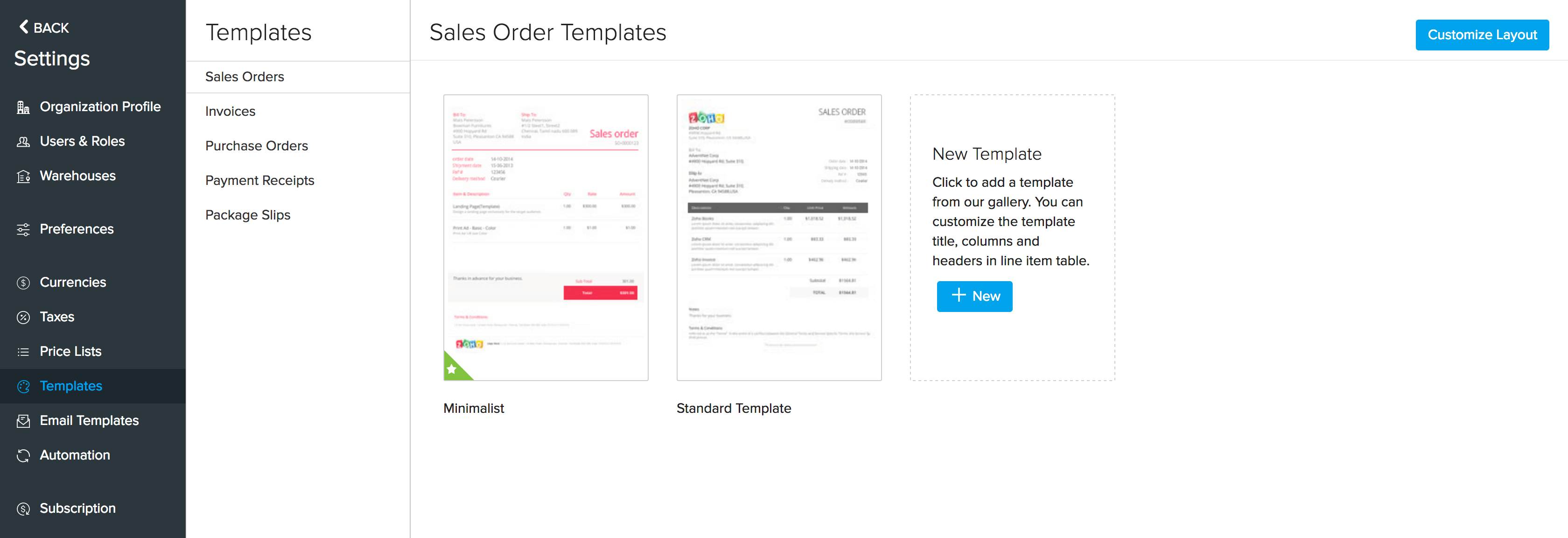 Templates page
