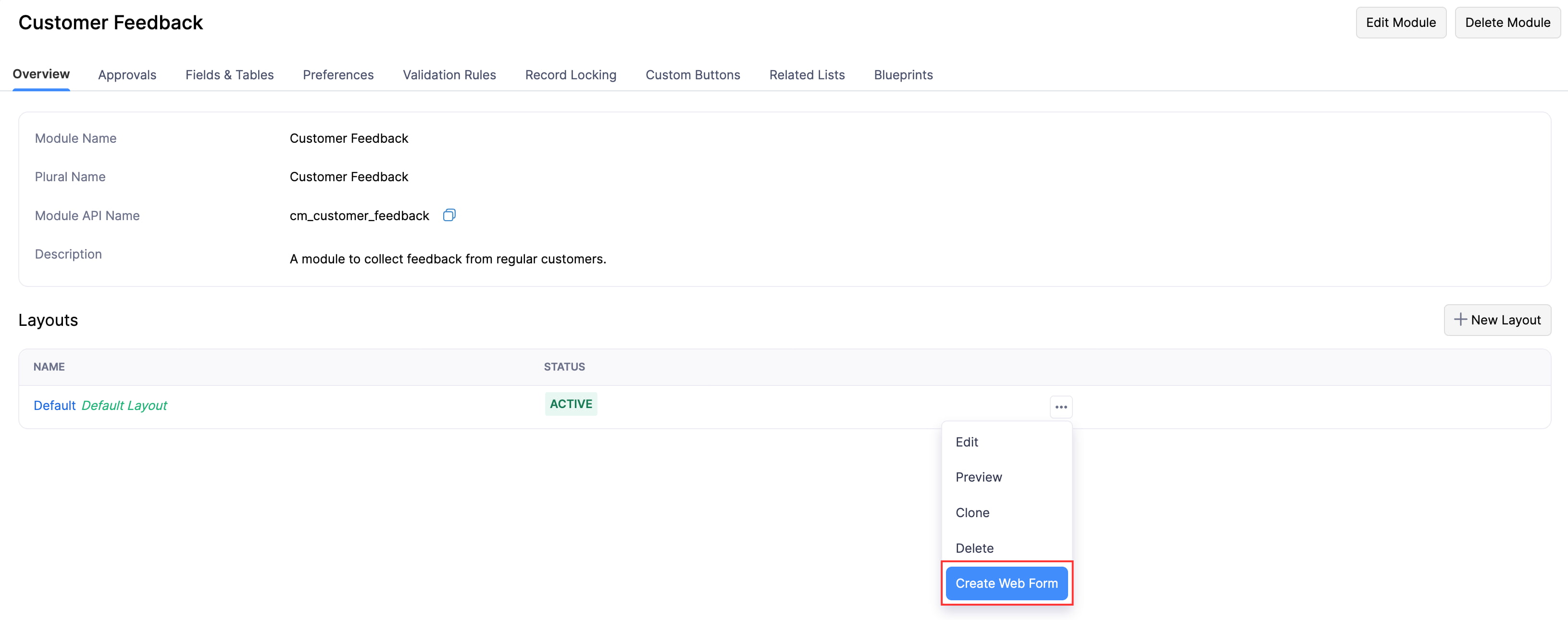 The Layouts section of a custom module. Click More and select Create Web Form to create a web form for the module.