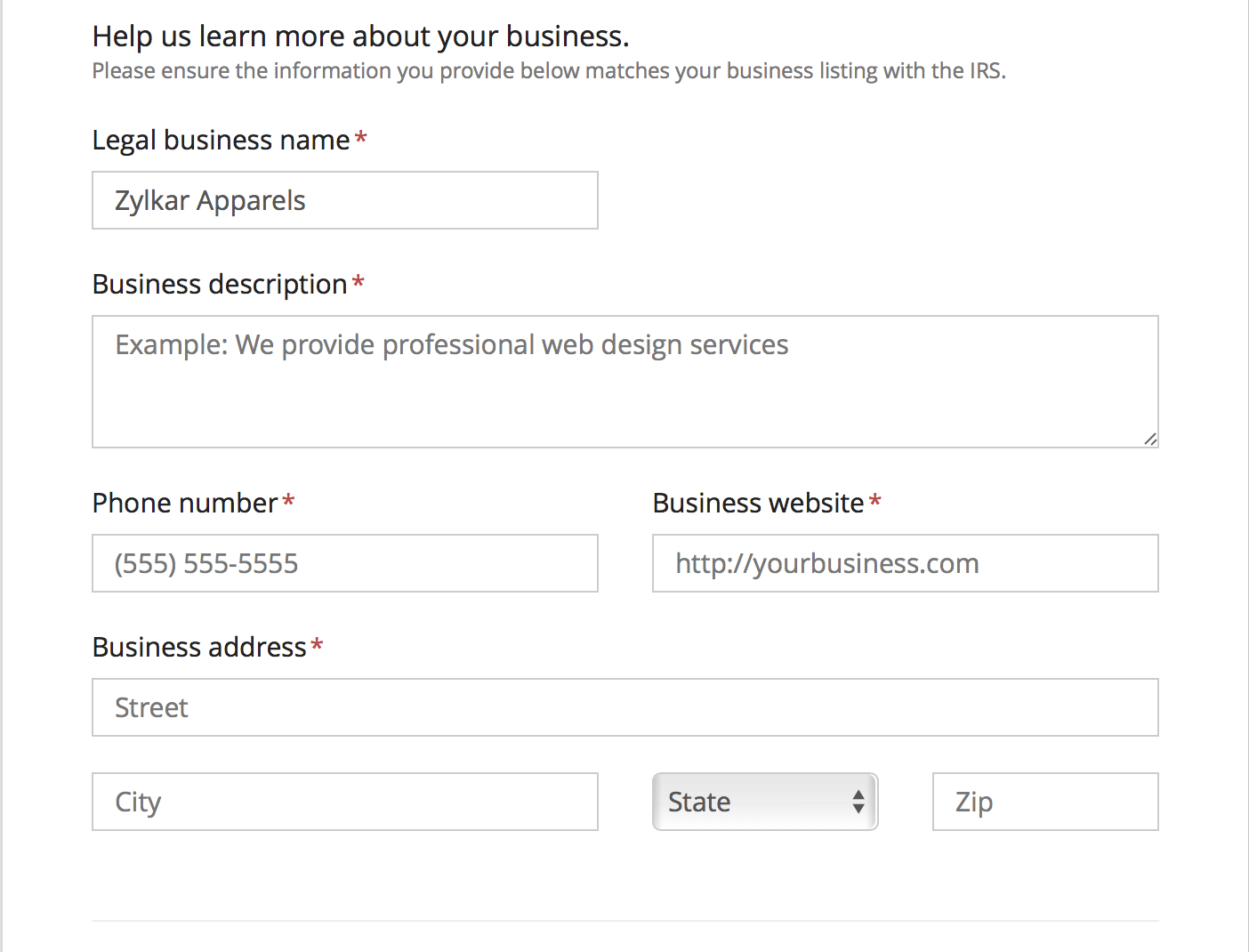 WePay business information profile