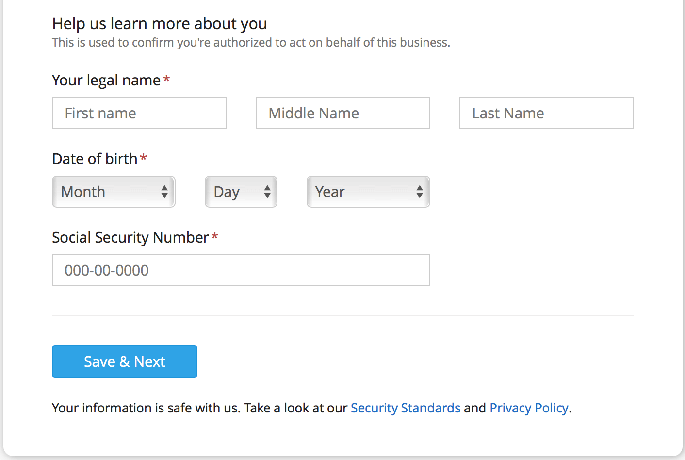 WePay business information profile