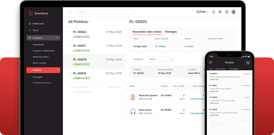 Zoho Inventory dashboard showing the picklist management workflow.