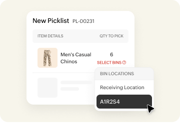 Selecting bin locations for a picklist in Zoho Inventory.