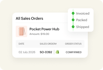 Sales orders list showing status and integrated sales channels.