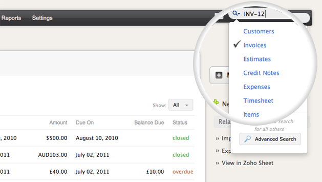 zoho invocie search