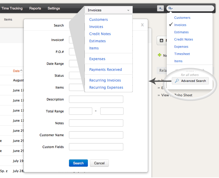 zoho invoice advanced search