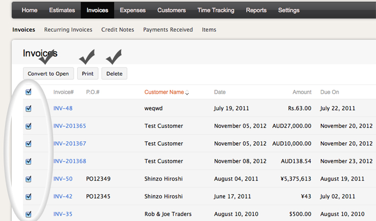 zoho invoice bulk options