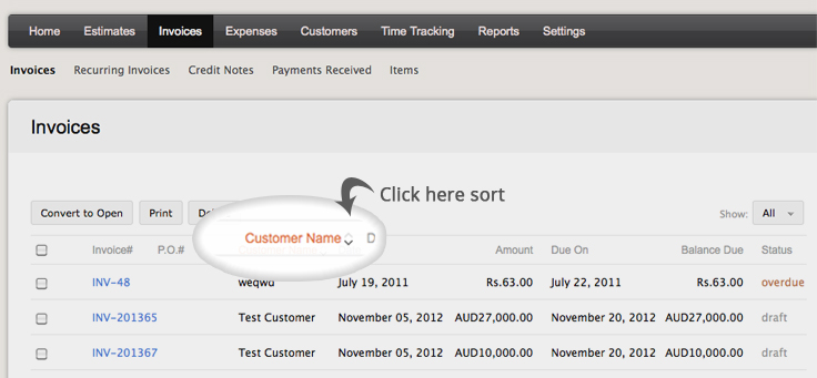 zoho invoice sorting